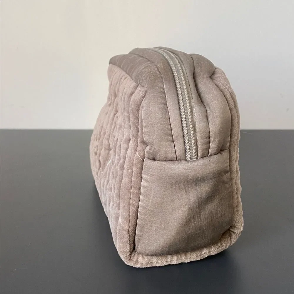 Pottery Barn Quilted Cosmetic Bag in Taupe Soft Velvet Touch Travel Vacation 